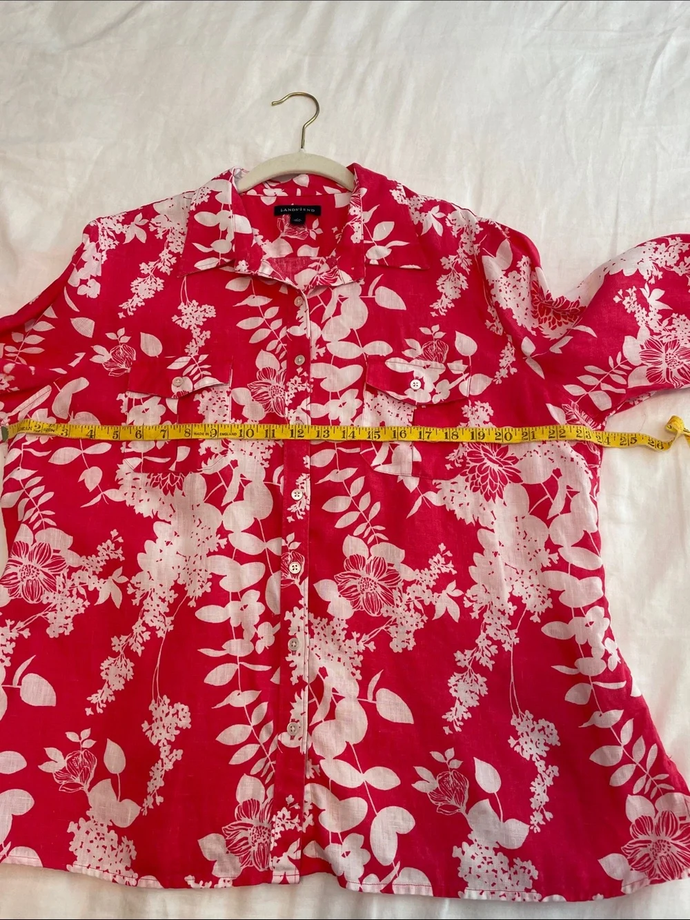 Lands' End Pink Floral Button-Up Shirt with White Print - Picture 3 of 10